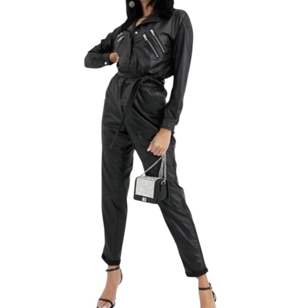New Blank NYC Jumpsuit Womens Large Black Vegan Leather Moto Flight Suit NO BELT